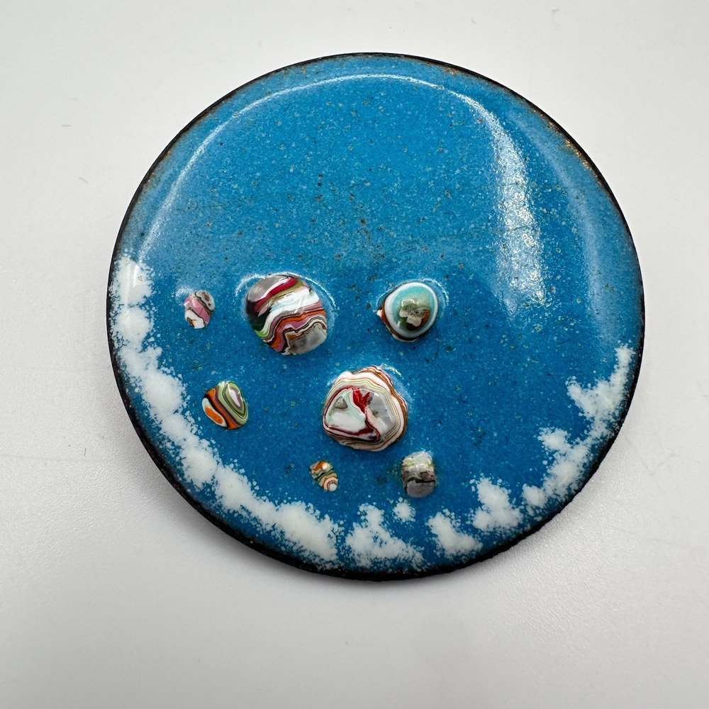 Vintage 70s Blue Enamel Round Brooch Pin Abstract Stone Women's Jewelry